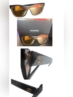 CHANEL Black Frame Sunglasses with gold mirror lenses & gold hardware.